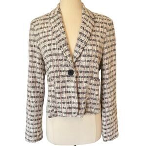 Topshop Tweed Plaid Blazer in White Pink Black Single Breasted Preppy Sz 10 / M